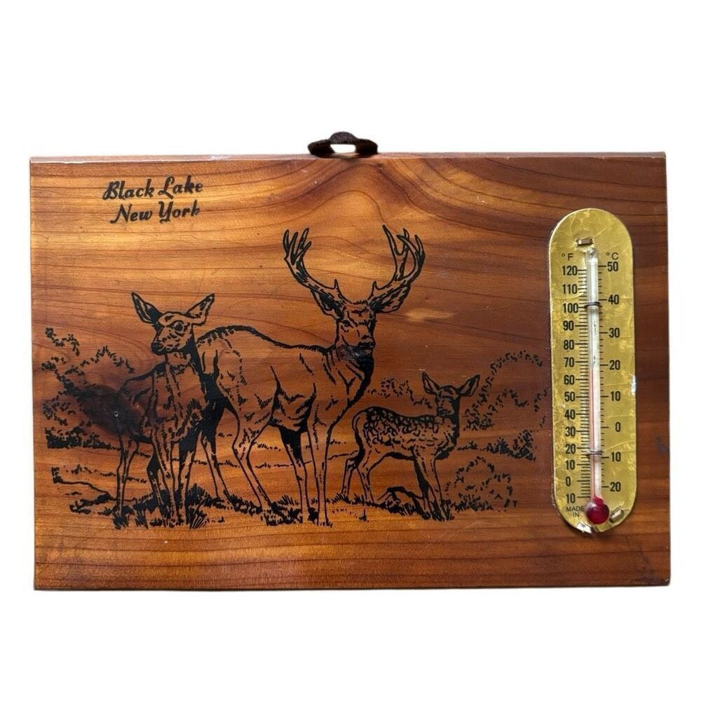 Black Lake New York Souvenir Wooden Deer Picture Thermometer Wall Hanging